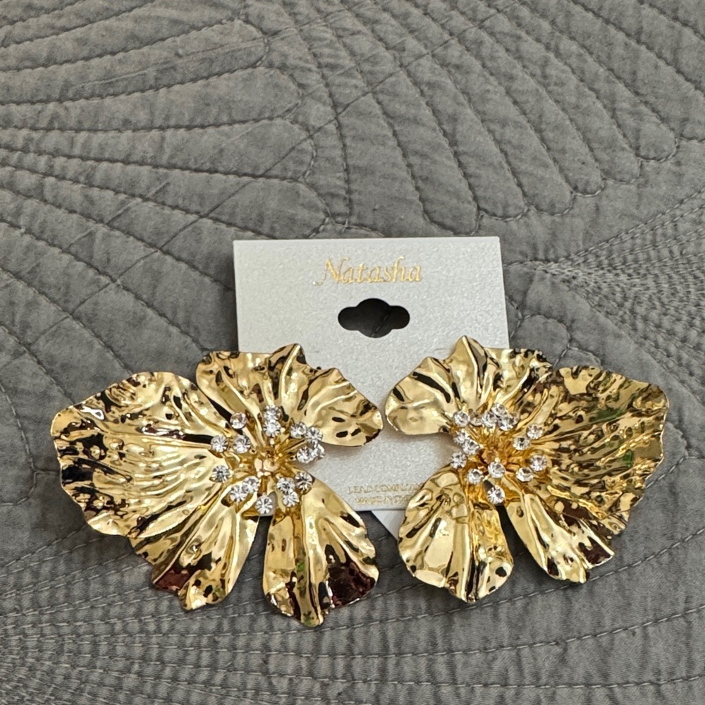 Natasha Couture Gold Floral Petal Earrings with Crystal Centers